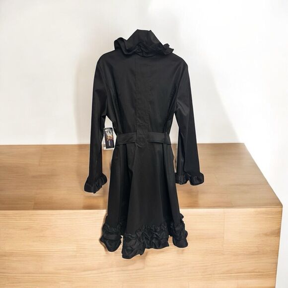 DONS COLLECTION‎ Ruffled GOTHIC Fitted Stretchy Ruffled Trench COAT M Black NWT - Picture 10 of 13